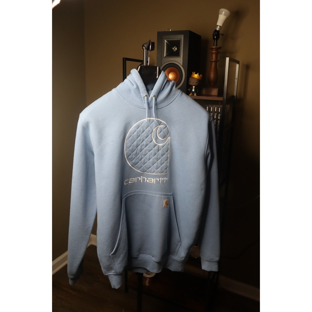 Carhartt Hoodie Mens M Blue Loose Fit Pullover Sweatshirt C Puff Logo - Picture 2 of 7